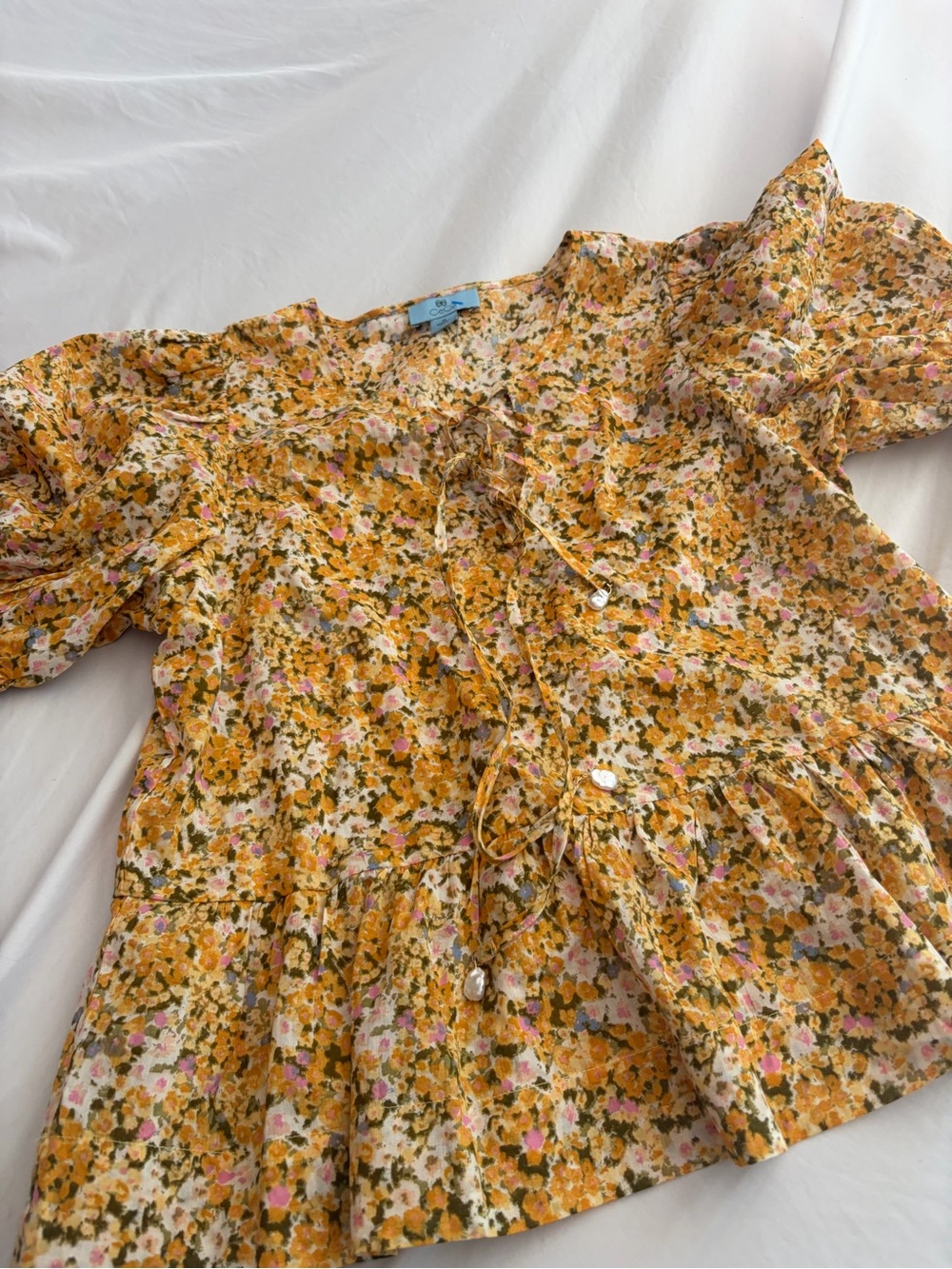 CeCe Yellow Floral Tie-Front Blouse Size M